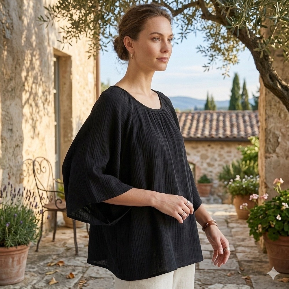 Stark X Black Cotton Gauze Kimono Sleeve Relaxed Blouse Top Large Made‎ in USA